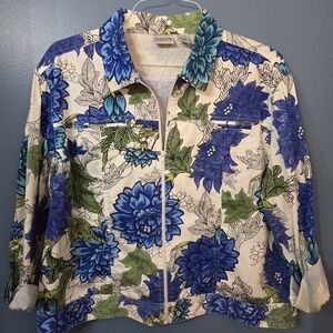 CHICOS vibrant Blue Floral Zip Up Jacket